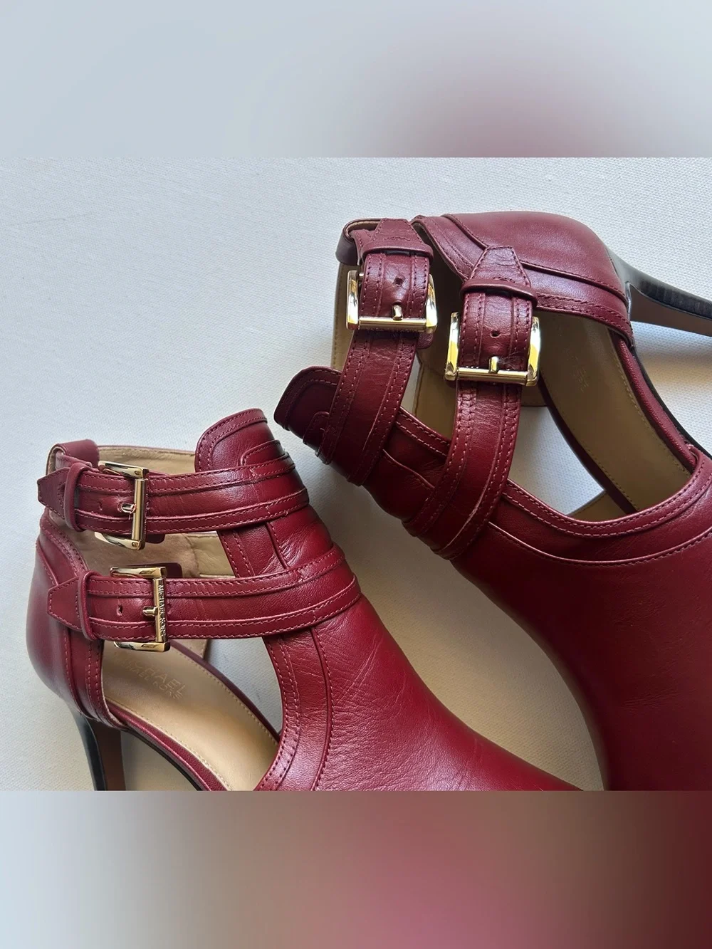 Michael Kors Blaze Leather Peep Toe Stiletto Heels Shoe Sz 8.5 Brandy Red